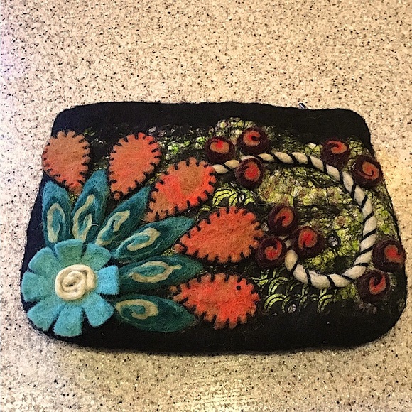Rising Tide Wool Zip Pouch Clutch Accessory Bag Handmade Floral - Picture 1 of 8
